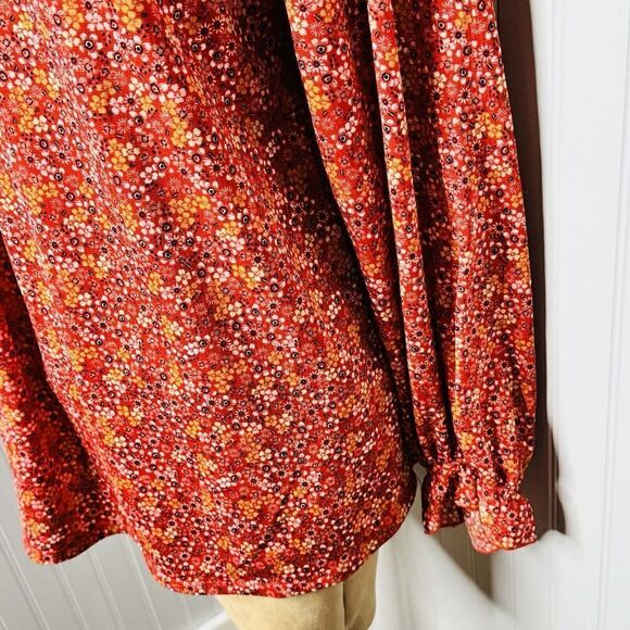 Max Studio Womens Plus Sz 1X Ruffle Neck Top Red White Floral Long Sleeve BOHO - Picture 6 of 15